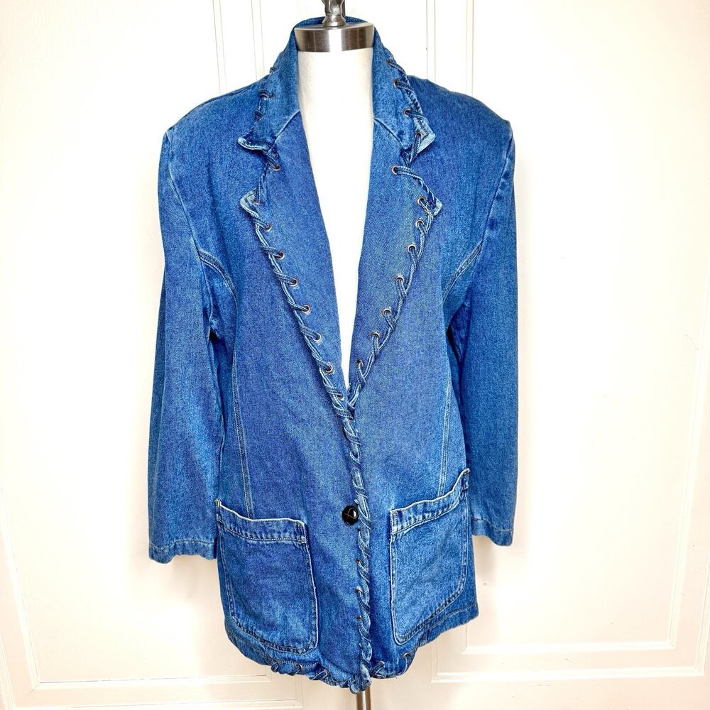 Vintage 90s Y2K Denim Blazer Jacket Lace Up Grommet Trim Women M Cervelle
